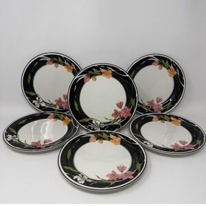 Sango Memories 3665 Bread and Butter Plates Set 6 Floral Black Rim 7.5‎ inch